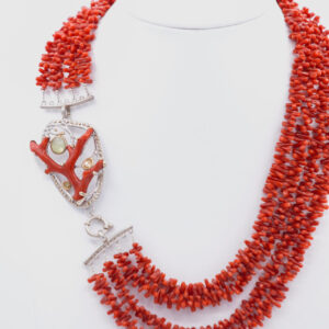Four-Strand Adriatic Red Coral Necklace with Sterling Silver Coral Branch Clasp
