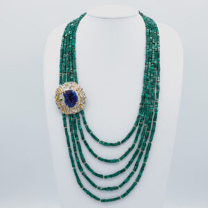 Five-Strand Malachite Necklace with Azurite, Emerald & Sapphire Silver Clasp