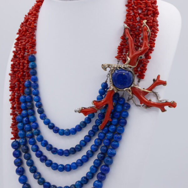 Five-Strand Adriatic Red Coral & Lapis Lazuli Necklace with Gemstone Silver Clasp - Image 3