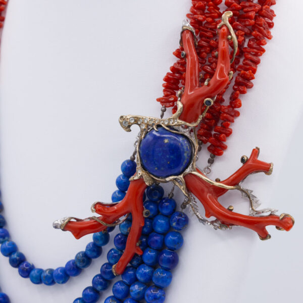 Five-Strand Adriatic Red Coral & Lapis Lazuli Necklace with Gemstone Silver Clasp - Image 4