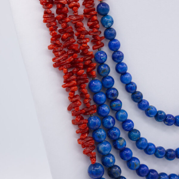 Five-Strand Adriatic Red Coral & Lapis Lazuli Necklace with Gemstone Silver Clasp - Image 6