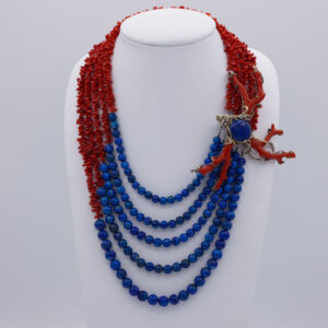 Five-Strand Adriatic Red Coral & Lapis Lazuli Necklace with Gemstone Silver Clasp