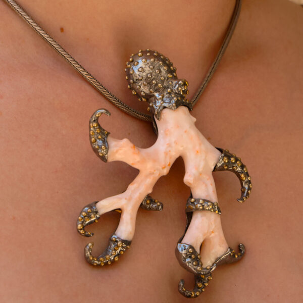 Silver Necklace with White Coral Octopus Pendant - Image 2