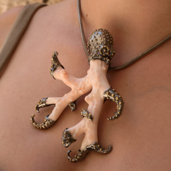 Silver Necklace with White Coral Octopus Pendant - Image 4