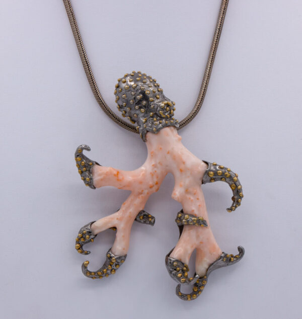 Silver Necklace with White Coral Octopus Pendant
