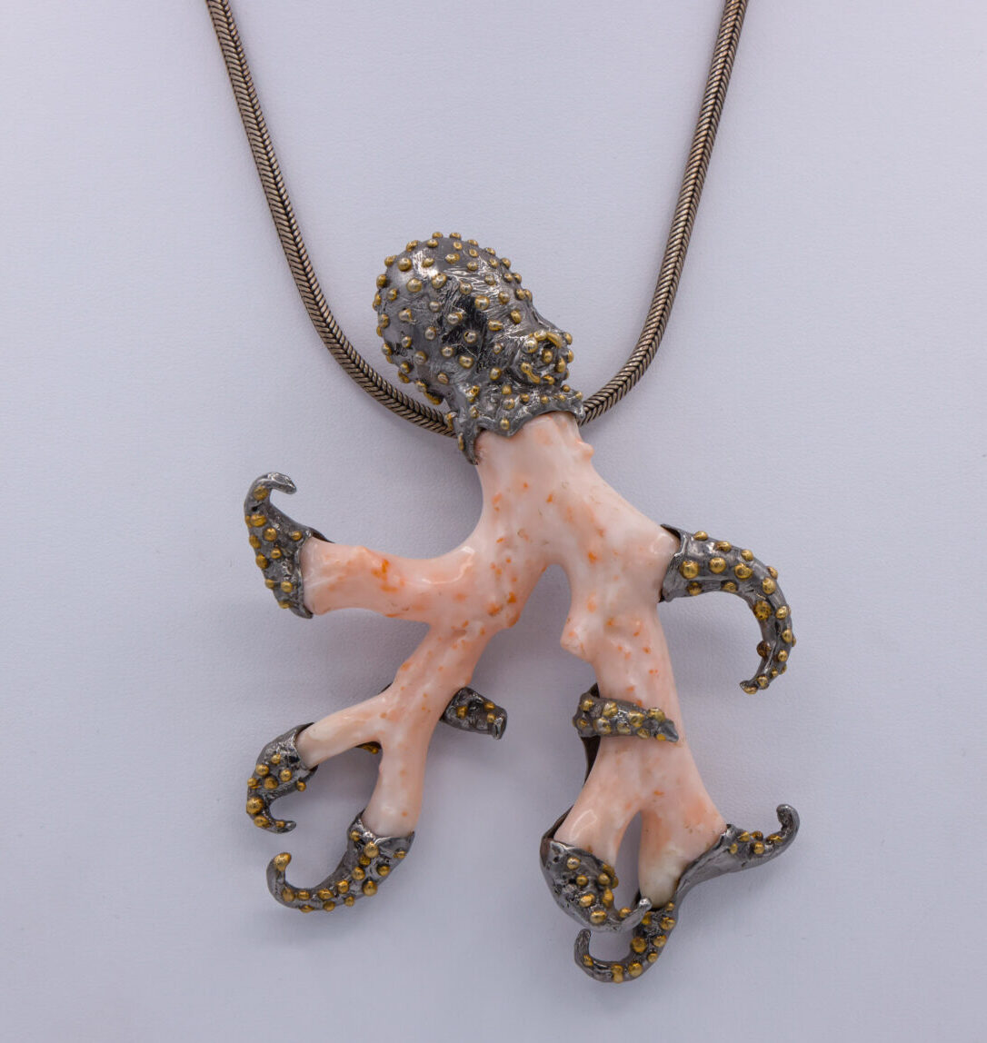 Silver Necklace with White Coral Octopus Pendant