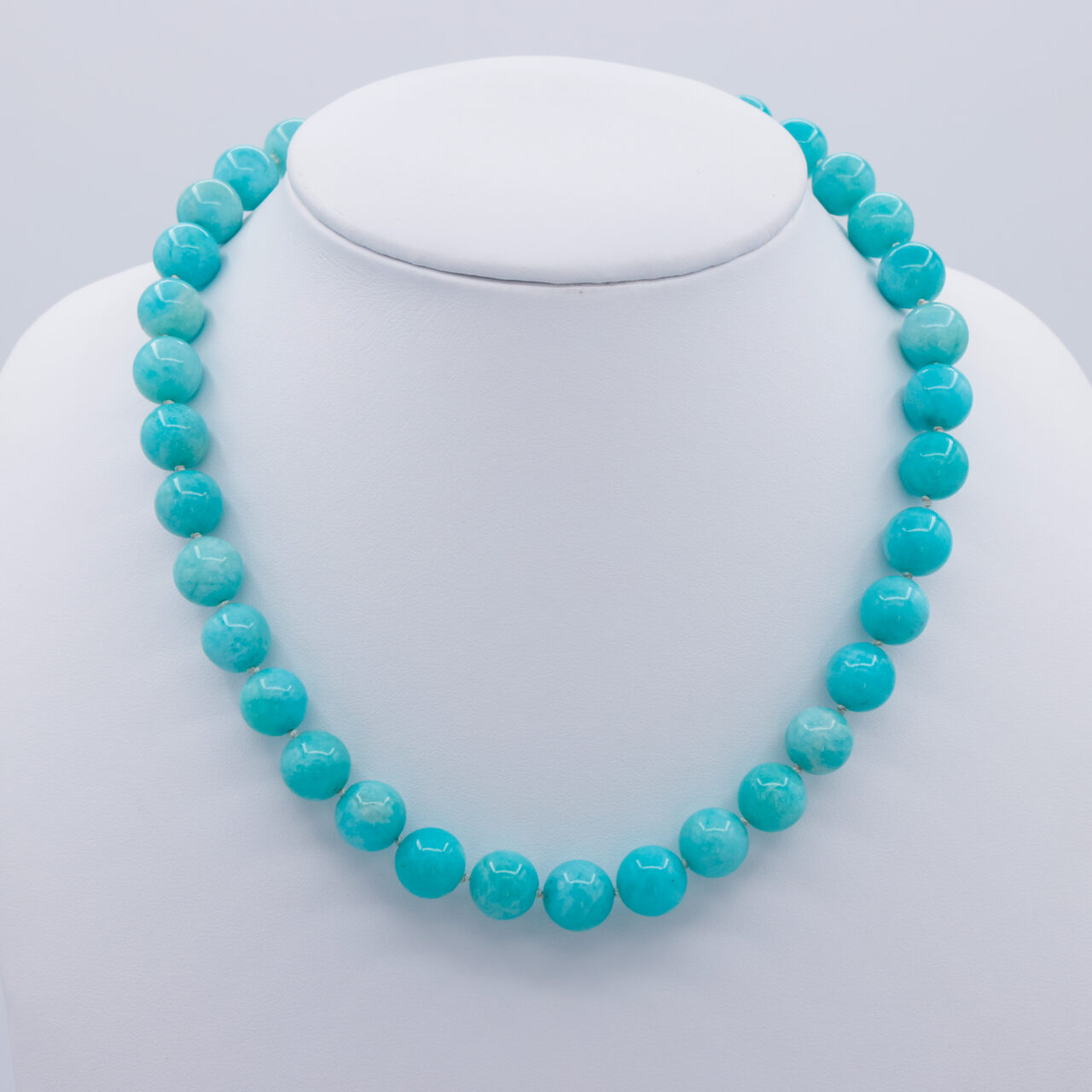Amazonite Bead Necklace on White Silk Thread with Silver Clasp