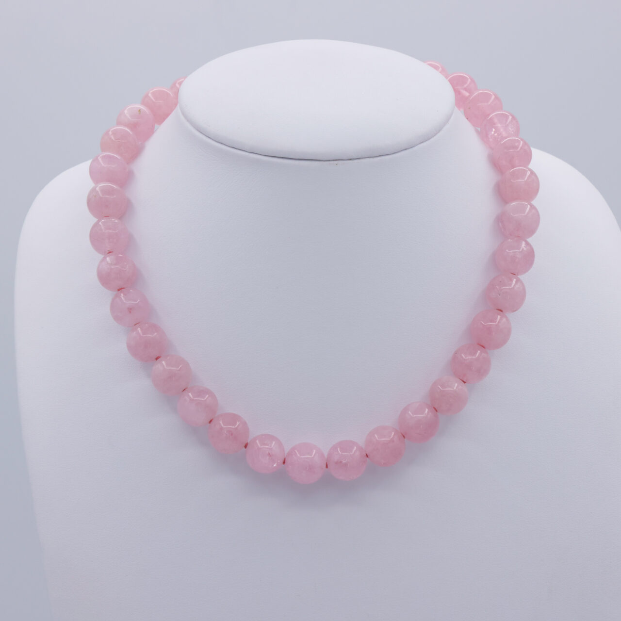 Morganite Bead Necklace on Pink Silk Thread with Silver Clasp